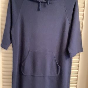 Navy blue sweatshirt dress with hood.
